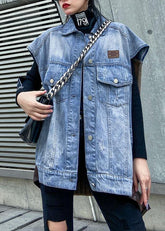 Blusas sencillas de algodón azul denim para tops midi sin mangas con solapa
